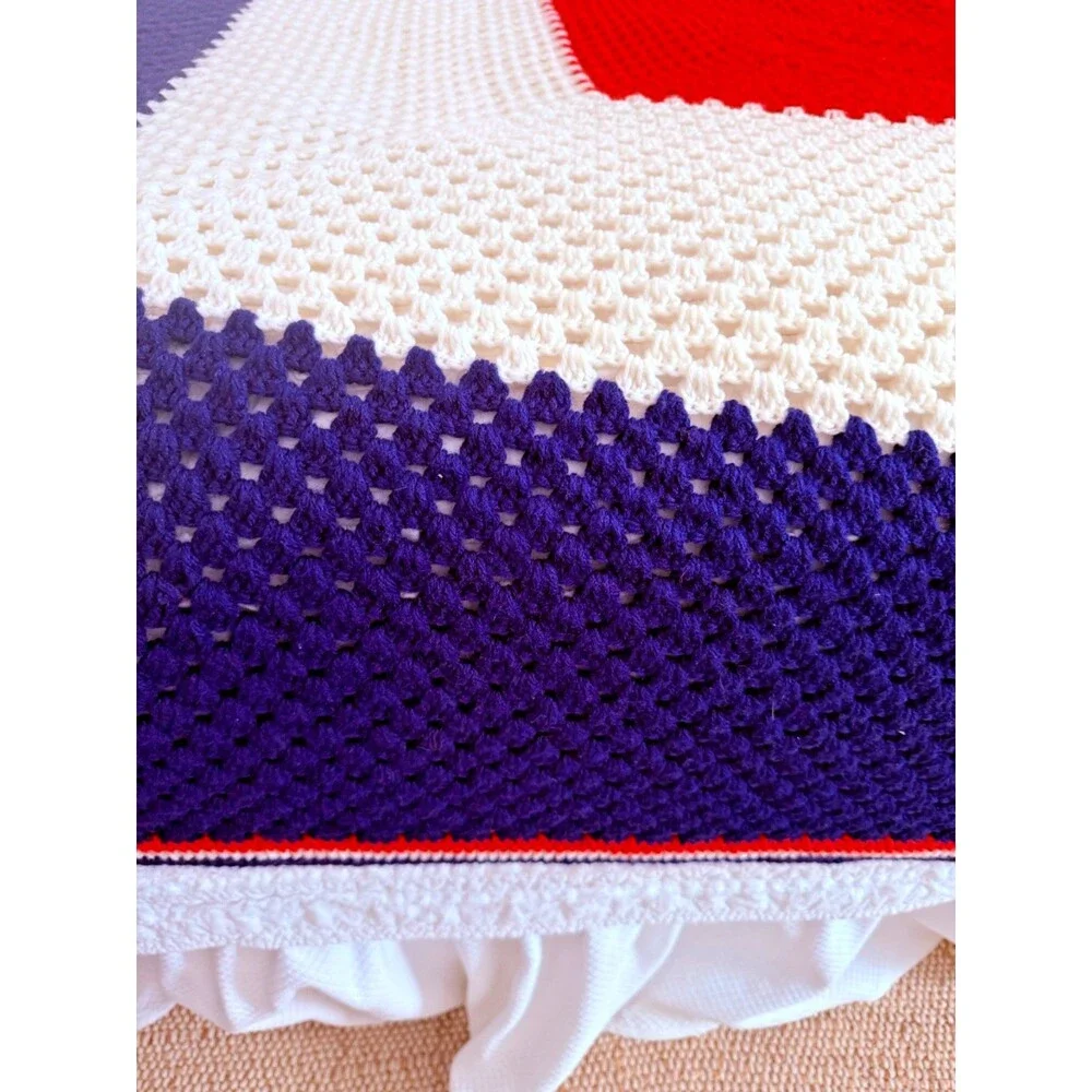 Vintage Large Crochet Afghan Blanket Throw Handmade 100” x 104” Red White & Blue